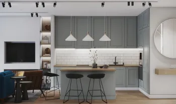 Интерьер кухни cветильниками над столом  смотреть на Basicdecor