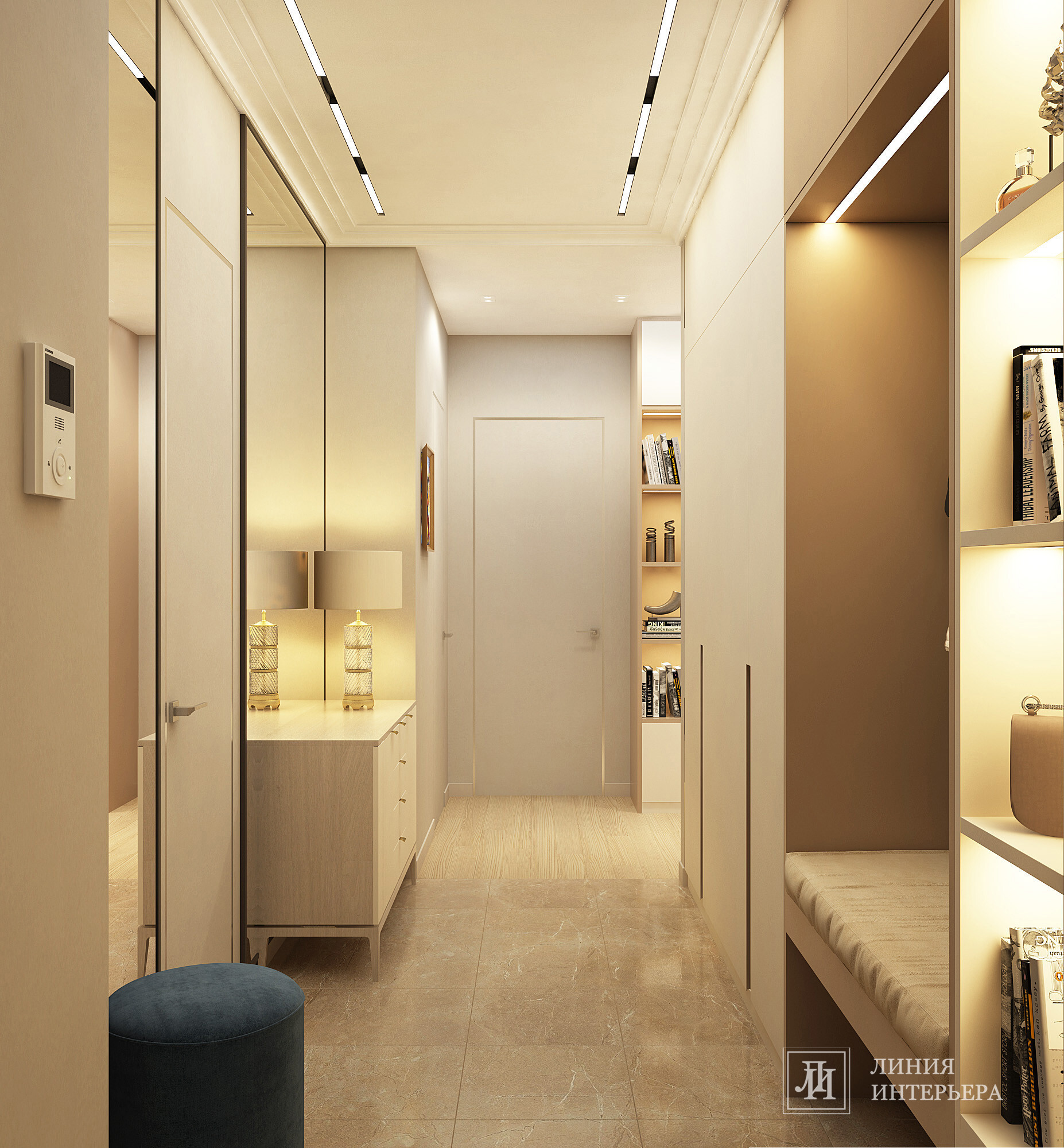 Интерьер гардеробной с без дверей, проходной, подсветкой настенной и подсветкой светодиодной в современном стиле