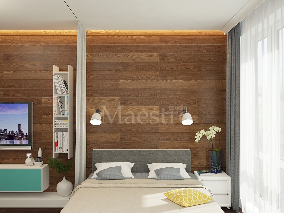 Интерьер спальни с в деревянном доме в стиле лофт и эко