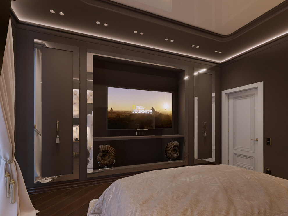 Интерьер спальни с нишей с подсветкой, стеной с телевизором, подсветкой настенной, подсветкой светодиодной и с подсветкой