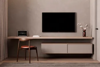 Интерьер c рабочим местом и телевизором на стене  смотреть на Basicdecor