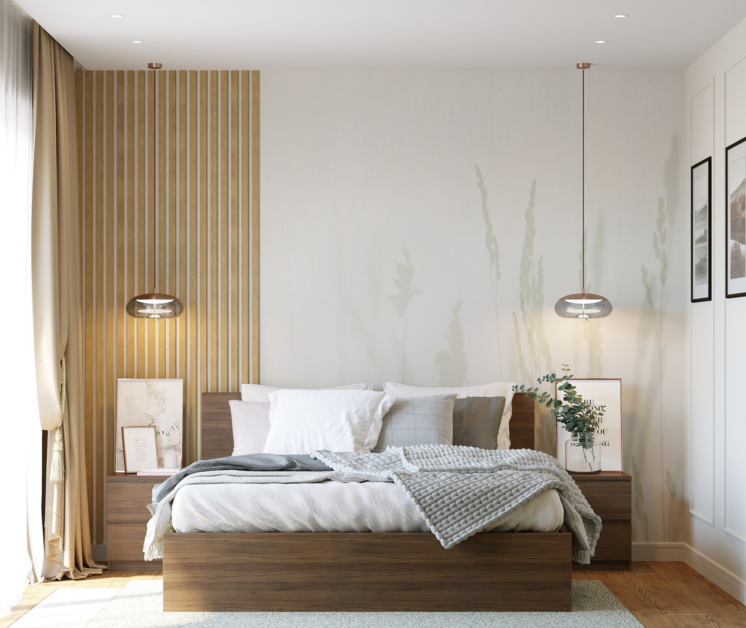 Интерьер спальни cветовыми линиями, рейками с подсветкой, подсветкой настенной, подсветкой светодиодной и светильниками над кроватью в скандинавском стиле