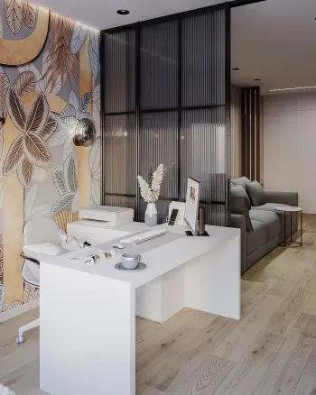 Интерьер гостиной c рабочим местом в современном стиле смотреть на Basicdecor