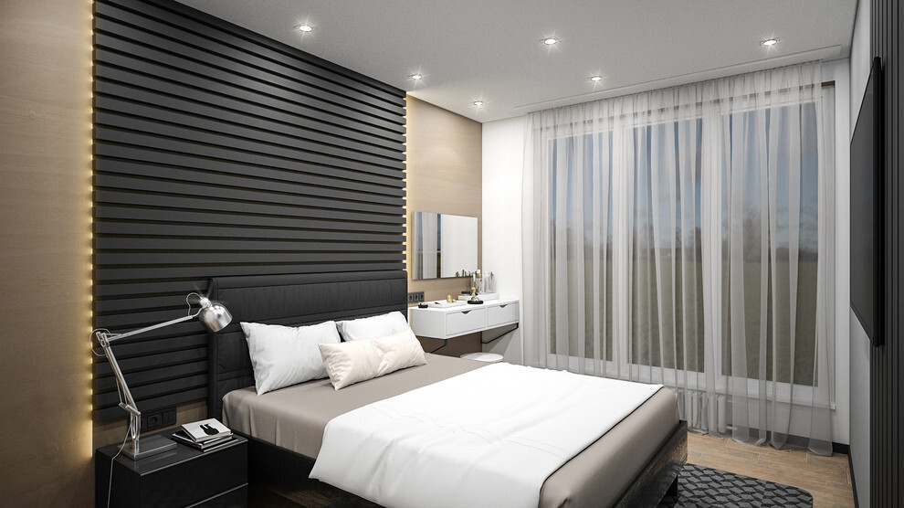 Интерьер спальни cветовыми линиями, рейками с подсветкой, бра над кроватью, подсветкой настенной, подсветкой светодиодной и светильниками над кроватью в современном стиле