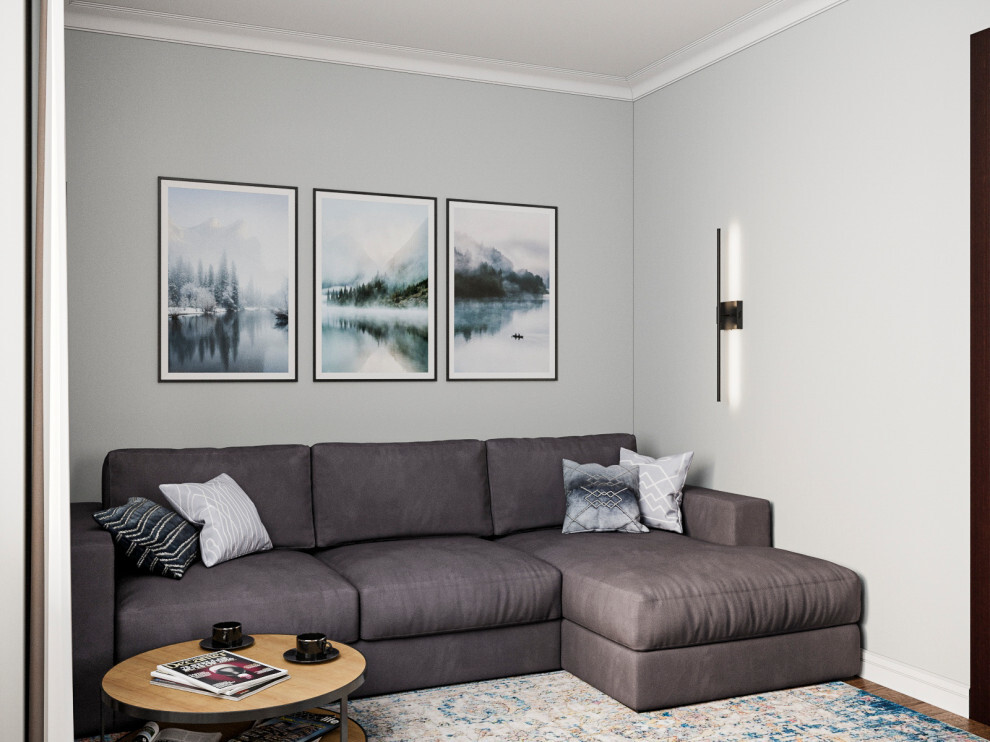 Интерьер гостиной cветовыми линиями, рейками с подсветкой, подсветкой настенной и подсветкой светодиодной в скандинавском стиле