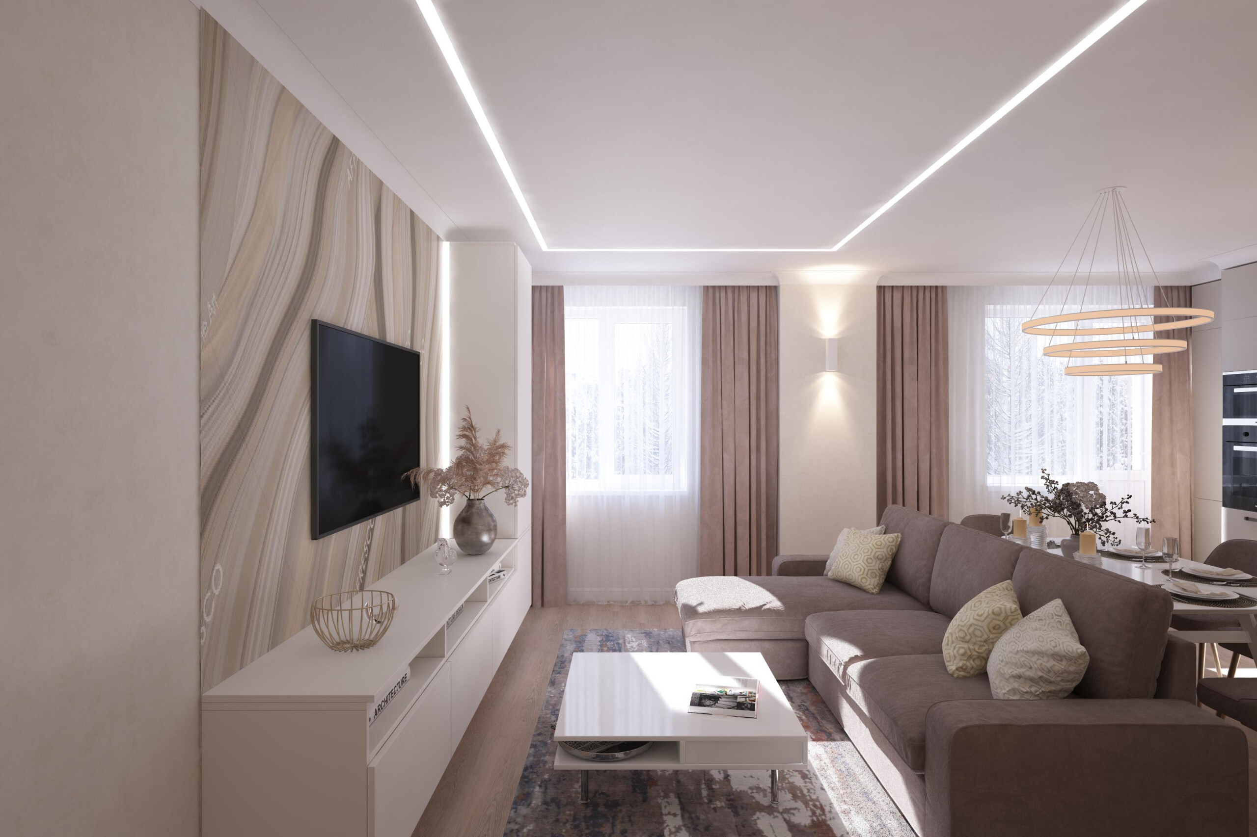 Интерьер гостиной с нишей с подсветкой, световыми линиями, рейками с подсветкой, подсветкой настенной, подсветкой светодиодной и с подсветкой в современном стиле