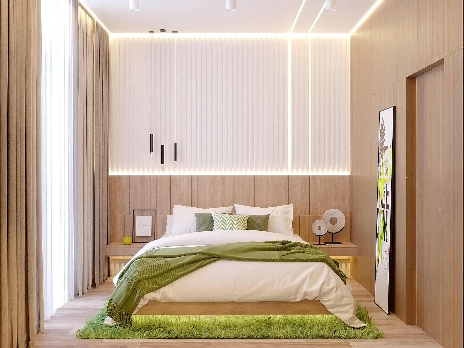 Интерьер спальни с рейками с подсветкой, подсветкой настенной, подсветкой светодиодной, светильниками над кроватью и с подсветкой