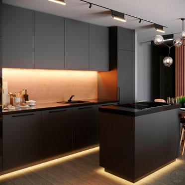 Интерьер кухни cветовыми линиями, подсветкой настенной, подсветкой светодиодной и с подсветкой в скандинавском стиле