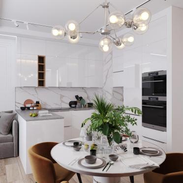 Интерьер кухни cветильниками над столом  смотреть на Basicdecor