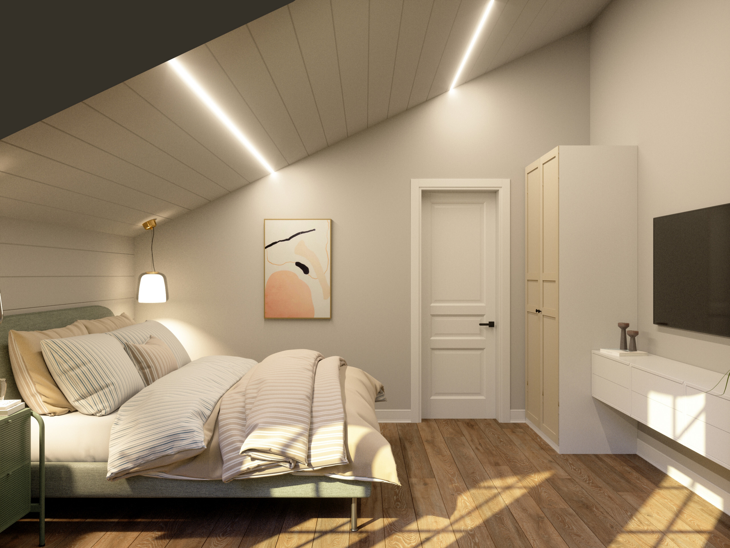 Интерьер спальни с рейками с подсветкой, подсветкой настенной, подсветкой светодиодной и с подсветкой в современном стиле