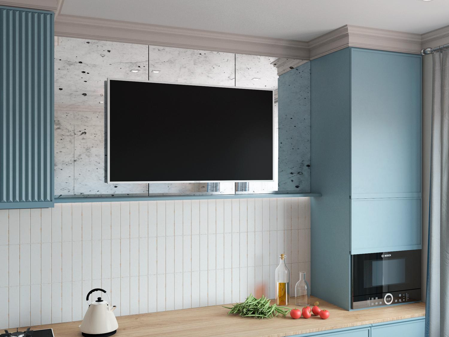 Интерьер кухни с телевизором на стене и керамогранитом на стену с телевизором