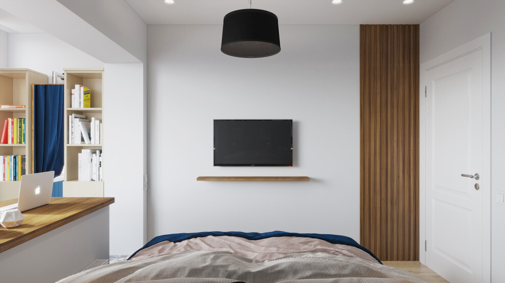 Интерьер спальни с панно за телевизором и подсветкой настенной в скандинавском стиле