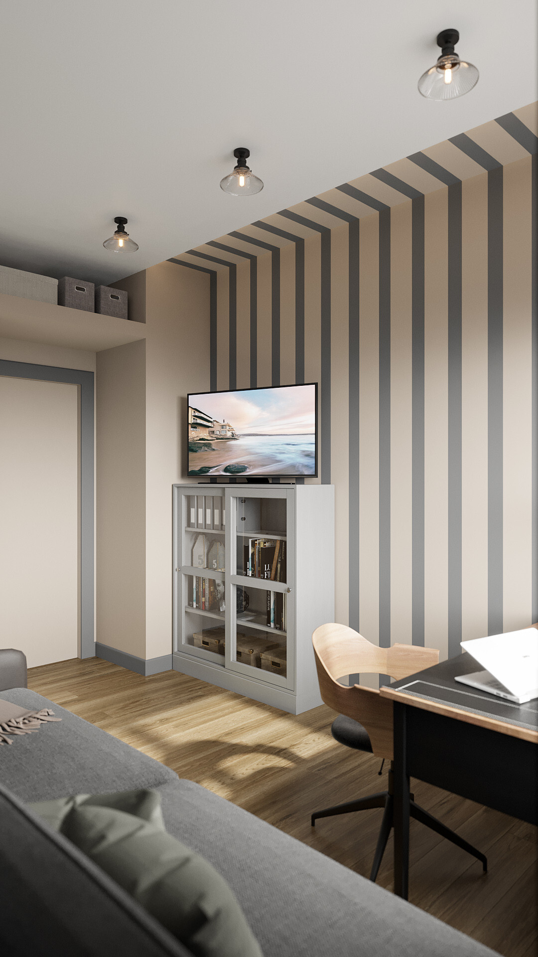 Интерьер cтеной с телевизором, телевизором на рейках, телевизором на стене, нишей для телевизора, керамогранитом на стену с телевизором и вертикальными жалюзи в современном стиле