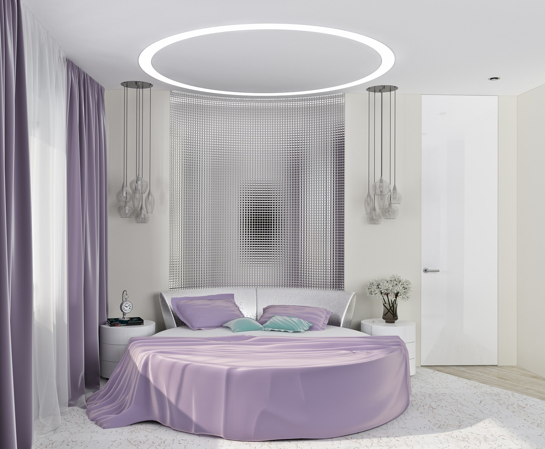 Интерьер спальни cветовыми линиями, подсветкой светодиодной, светильниками над кроватью и с подсветкой