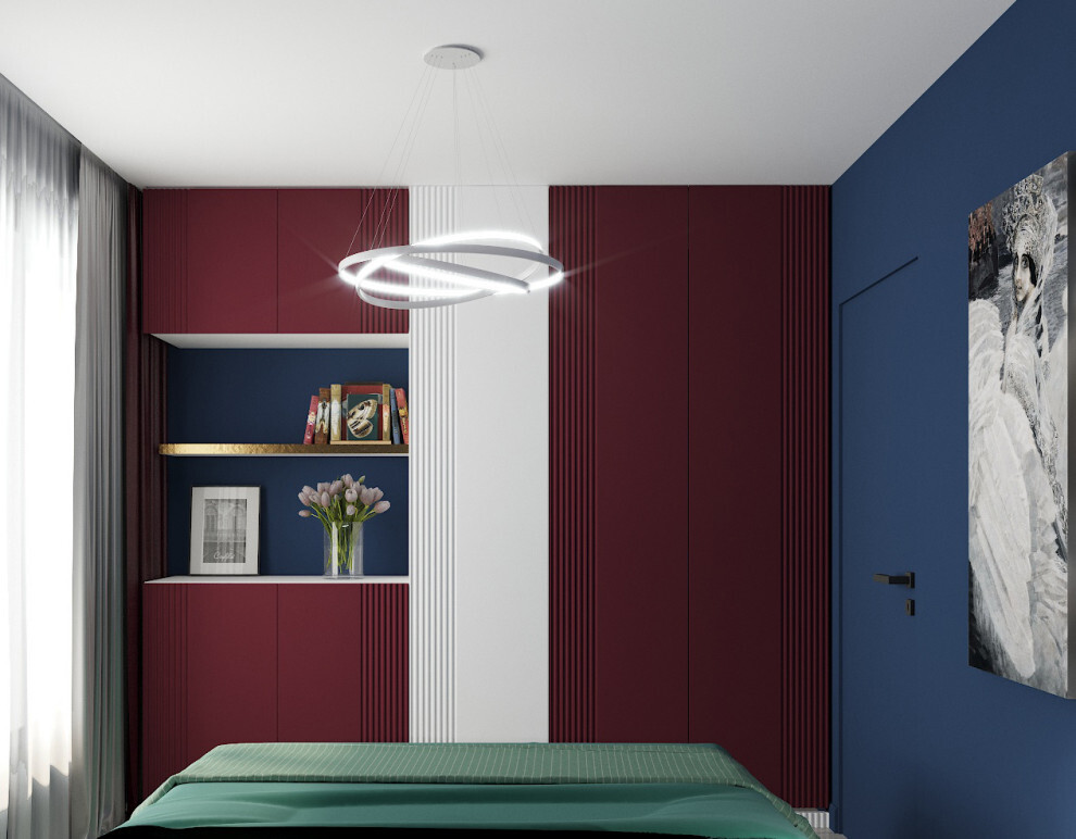 Интерьер спальни cветовыми линиями и подсветкой светодиодной в современном стиле