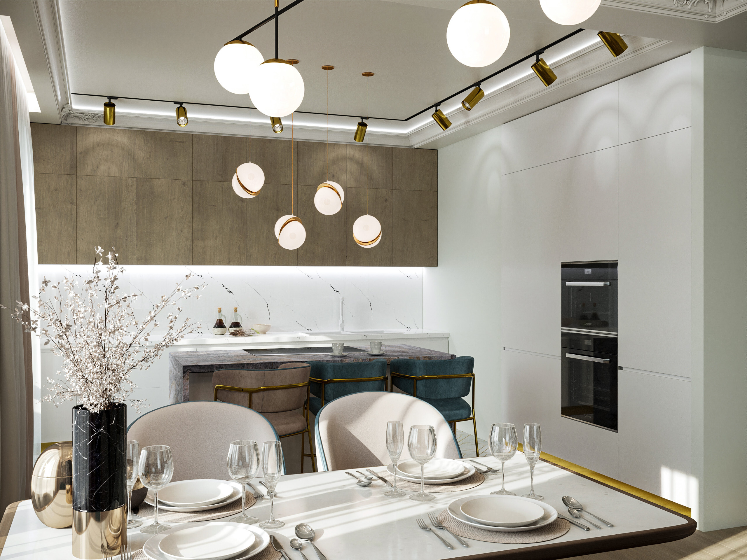 Интерьер кухни cветовыми линиями, светильниками над столом и подсветкой светодиодной в неоклассике