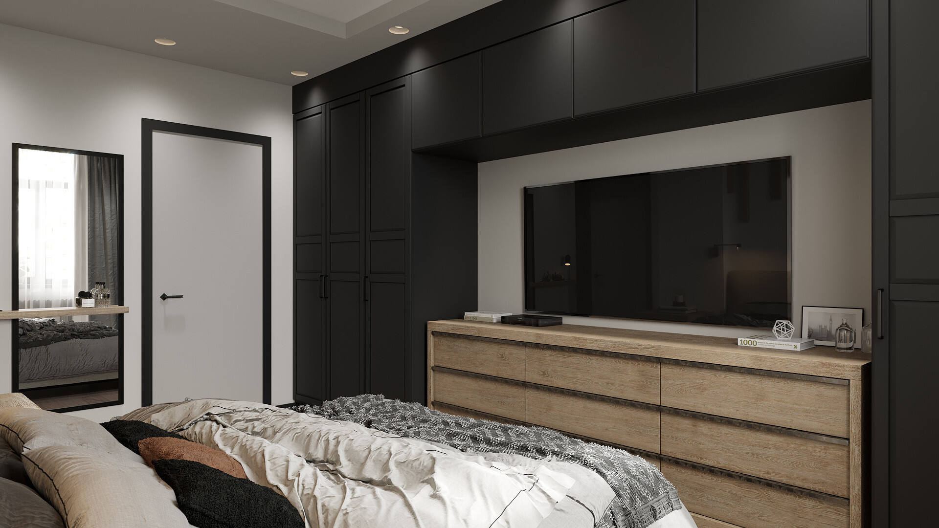 Интерьер спальни с шкафом над кроватью, шкафом напротив кровати и шкафом у кровати в стиле лофт