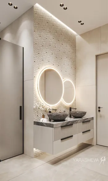 Интерьер ванной с зеркалом на двери и с подсветкой  смотреть на Basicdecor