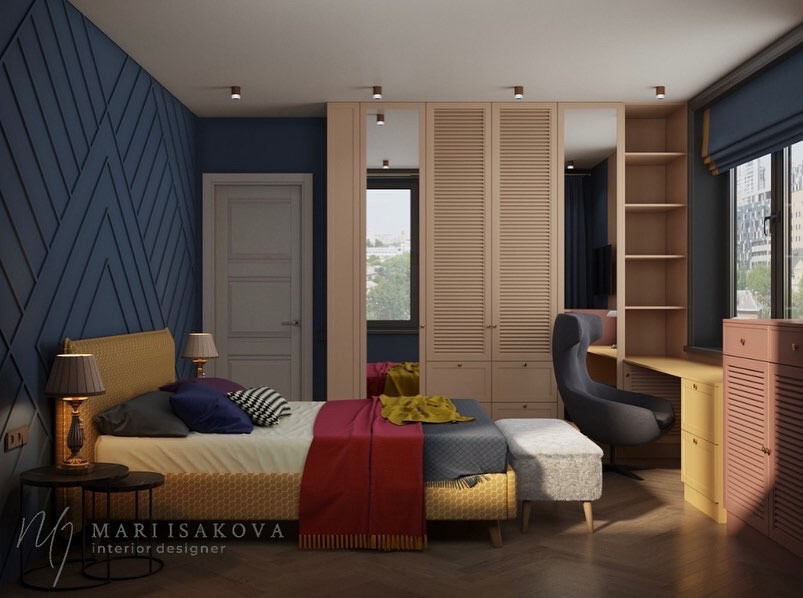 Интерьер спальни c рабочим местом и шкафом у кровати в современном стиле