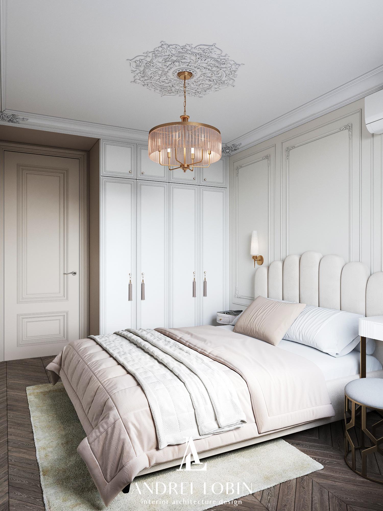 Интерьер спальни с аркой и светильниками над кроватью в классическом стиле