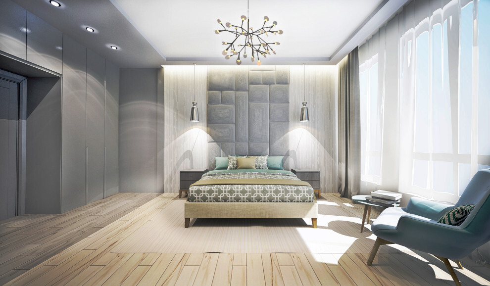 Интерьер спальни с подсветкой светодиодной и светильниками над кроватью в современном стиле
