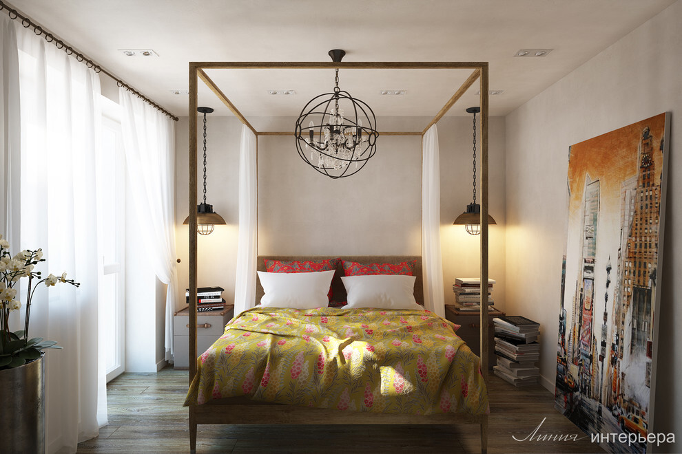 Интерьер спальни с кроватью под потолком и светильниками над кроватью в стиле лофт и в восточном стиле