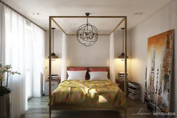 Интерьер спальни cветильниками над кроватью в этне смотреть на Basicdecor