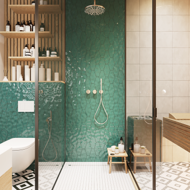 Интерьер ванной с душевой из плитки  смотреть на Basicdecor