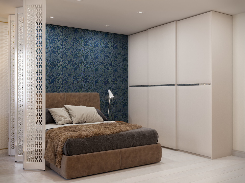 Интерьер спальни с шкафом над кроватью в современном стиле