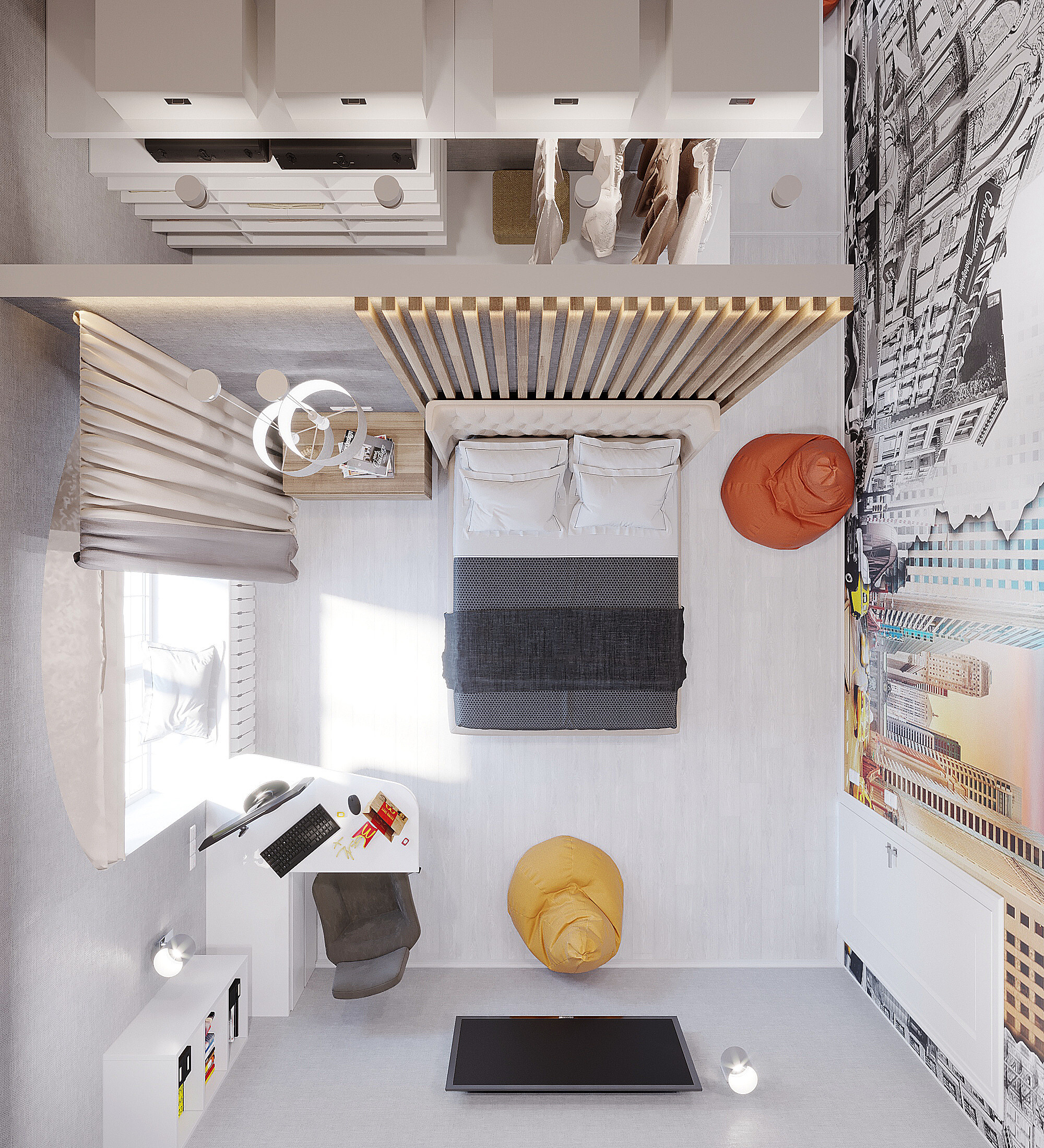 Интерьер кухни c рабочим местом, с антресолью и кроватью под потолком в стиле лофт