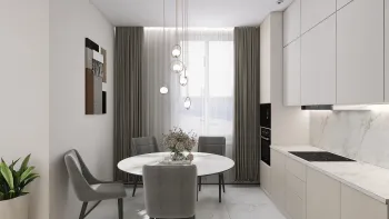 Интерьер кухни cветильниками над столом  смотреть на Basicdecor