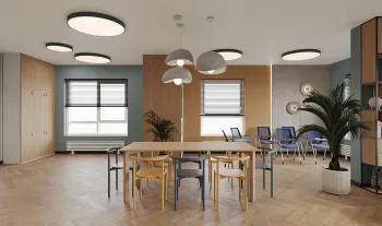 Интерьер столовой cветильниками над столом и светильниками над кроватью  смотреть на Basicdecor