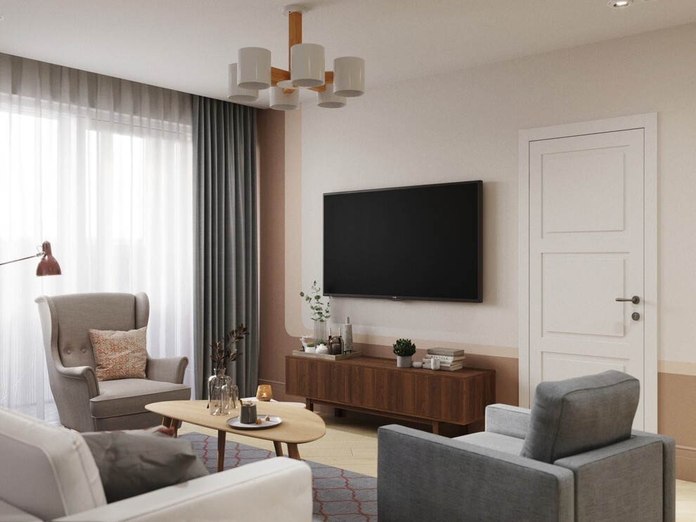 Интерьер гостиной с панно за телевизором, рейками с подсветкой и подсветкой настенной в ретро