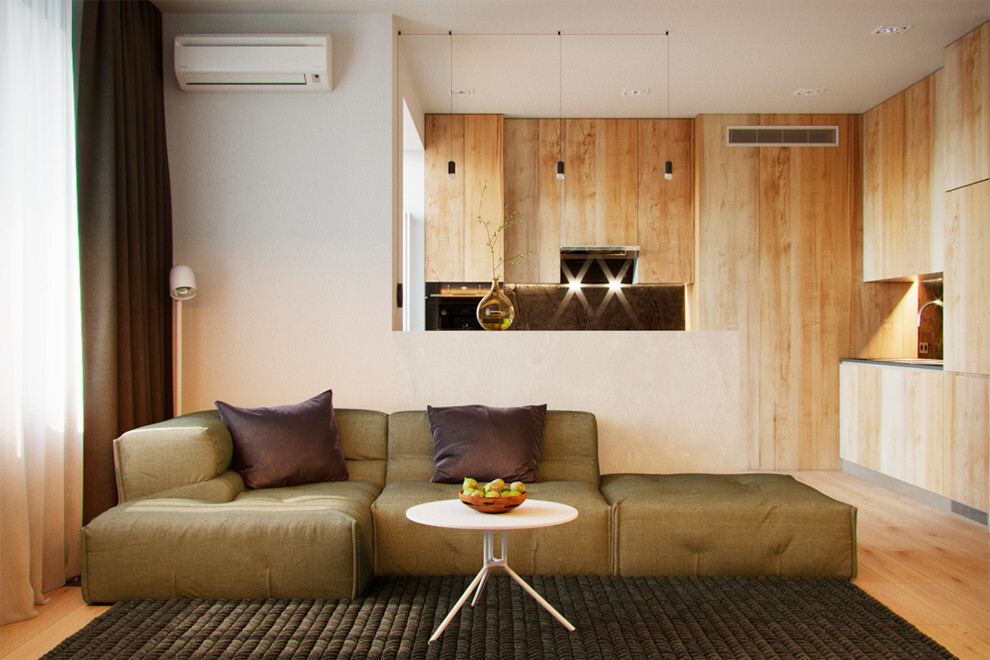 Интерьер гостиной cауной и рейками с подсветкой в современном стиле