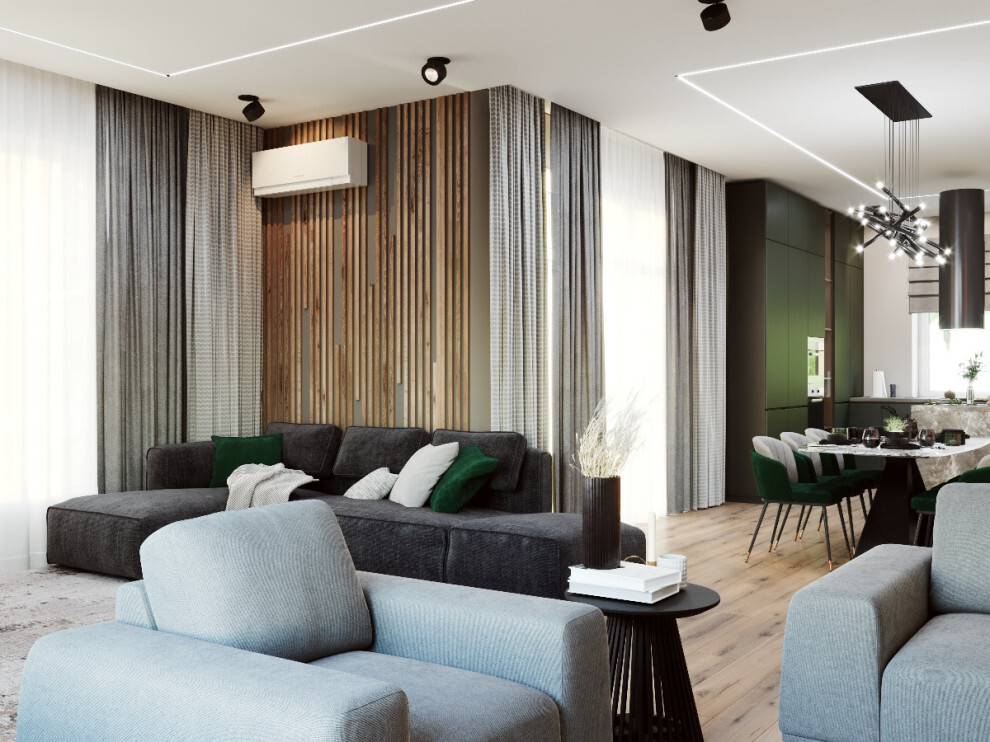 Интерьер гостиной cветовыми линиями, рейками с подсветкой, подсветкой настенной и подсветкой светодиодной в модернизме