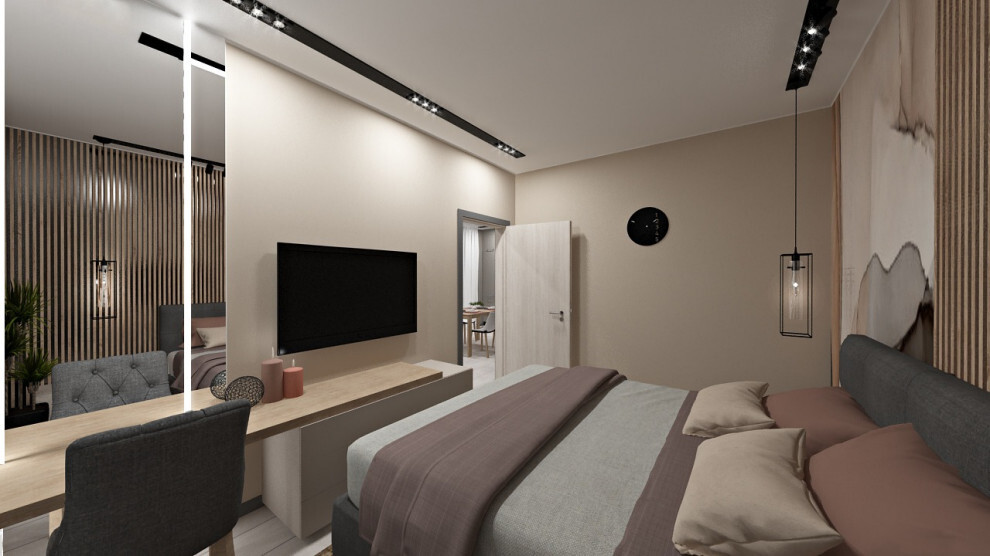 Интерьер спальни cветовыми линиями, подсветкой настенной, подсветкой светодиодной и светильниками над кроватью в стиле лофт