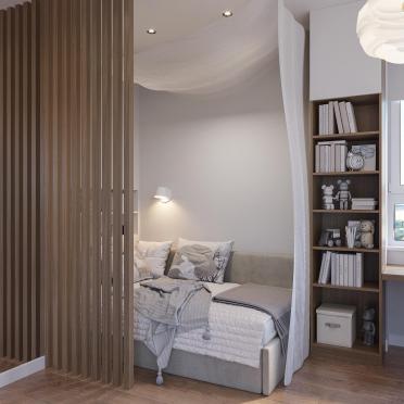 Интерьер спальни с зонированием рейками  смотреть на Basicdecor