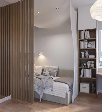 Интерьер спальни с зонированием рейками  смотреть на Basicdecor