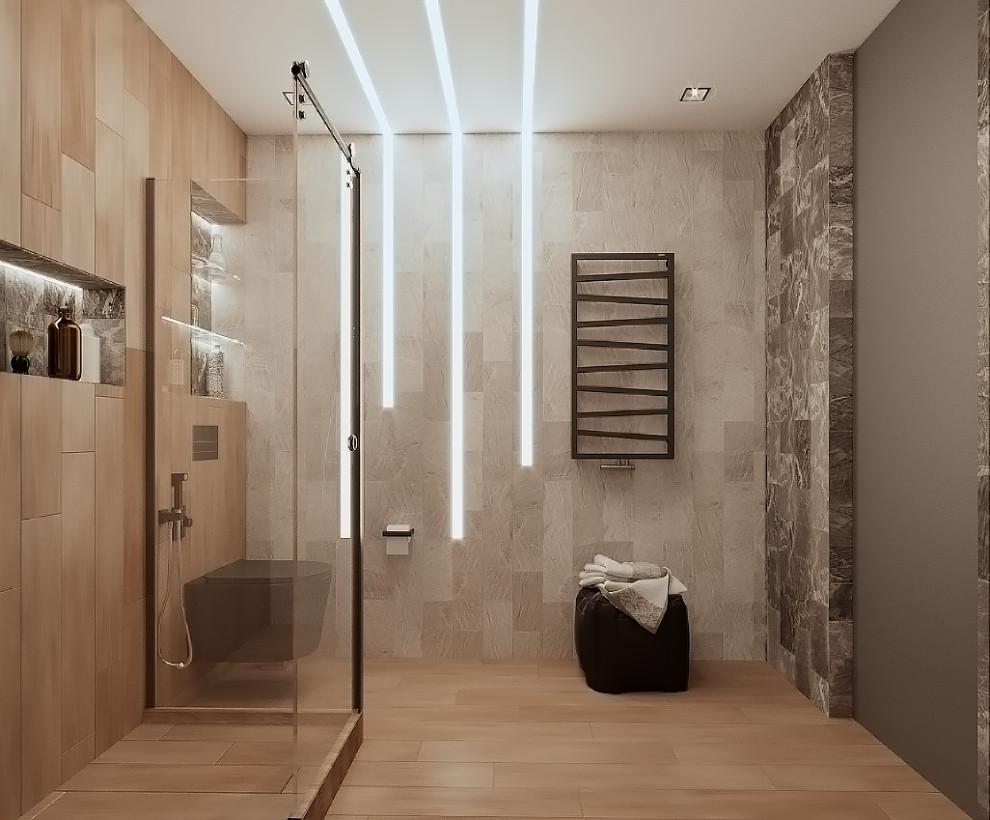 Интерьер ванной cауной, проходной, рейками с подсветкой, подсветкой настенной, подсветкой светодиодной и с подсветкой