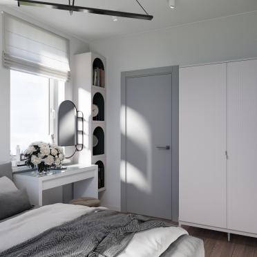 Интерьер спальни с жалюзи и дверными жалюзи  смотреть на Basicdecor