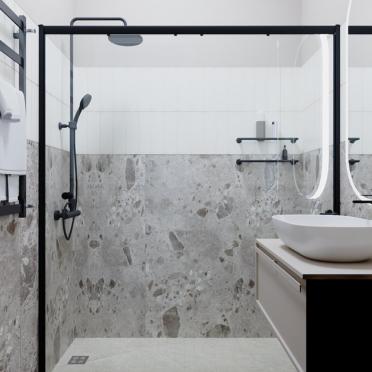 Интерьер ванной с душевой из плитки  смотреть на Basicdecor