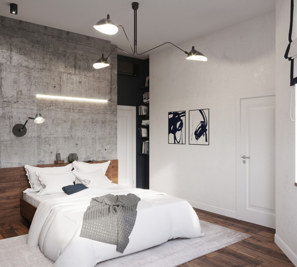 Интерьер спальни с подсветкой настенной, подсветкой светодиодной и светильниками над кроватью в стиле лофт