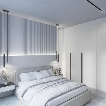 Интерьер спальни с нишей с подсветкой, световыми линиями, светильниками над кроватью и с подсветкой  смотреть на Basicdecor