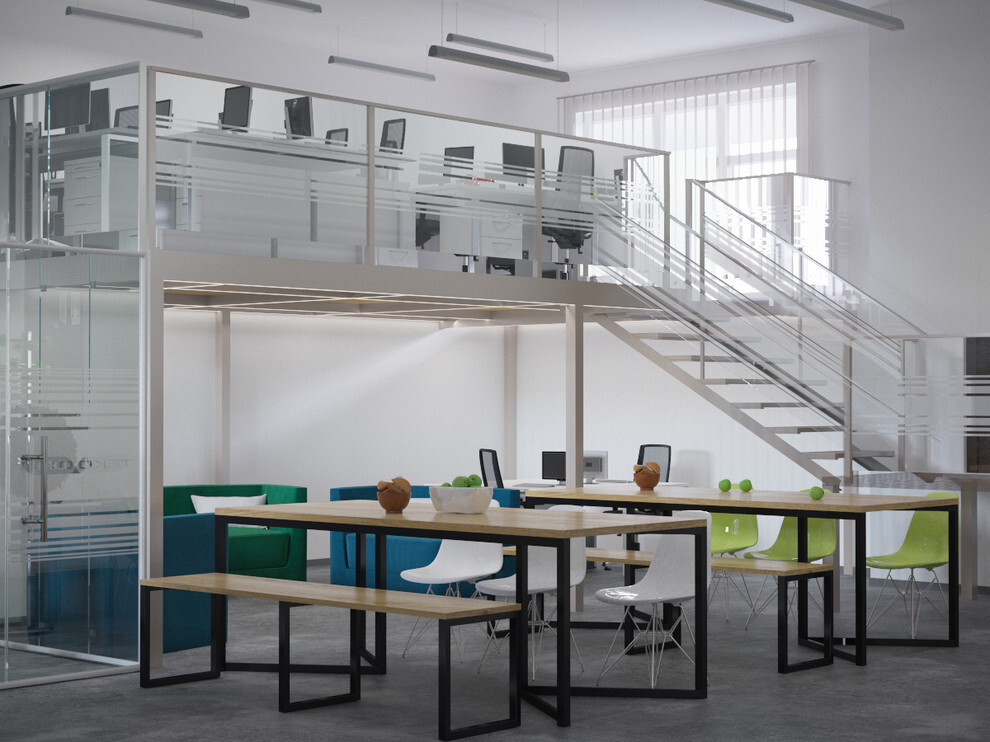 Интерьер офиса c рабочим местом и open space в современном стиле
