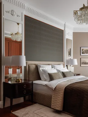 Интерьер спальни с акцентными обоями за кроватью  смотреть на Basicdecor