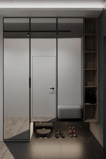 Интерьер прихожей с зеркалом на двери  смотреть на Basicdecor