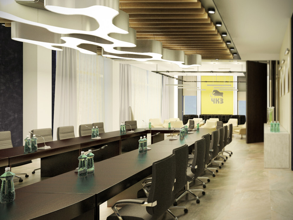 Интерьер офиса с рейками с подсветкой, подсветкой настенной и подсветкой светодиодной в современном стиле