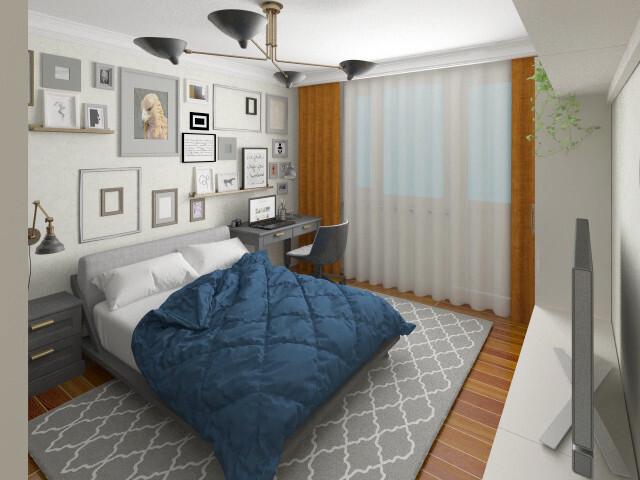 Интерьер спальни c рабочим местом и балконом в неоклассике, в стиле лофт и эко
