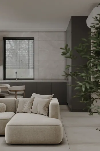 Интерьер гостиной с окном, жалюзи и дверными жалюзи  смотреть на Basicdecor
