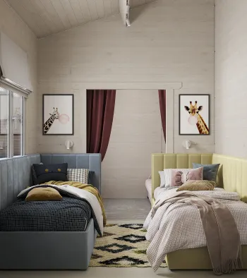 Интерьер детской с в деревянном доме и две кровати  смотреть на Basicdecor